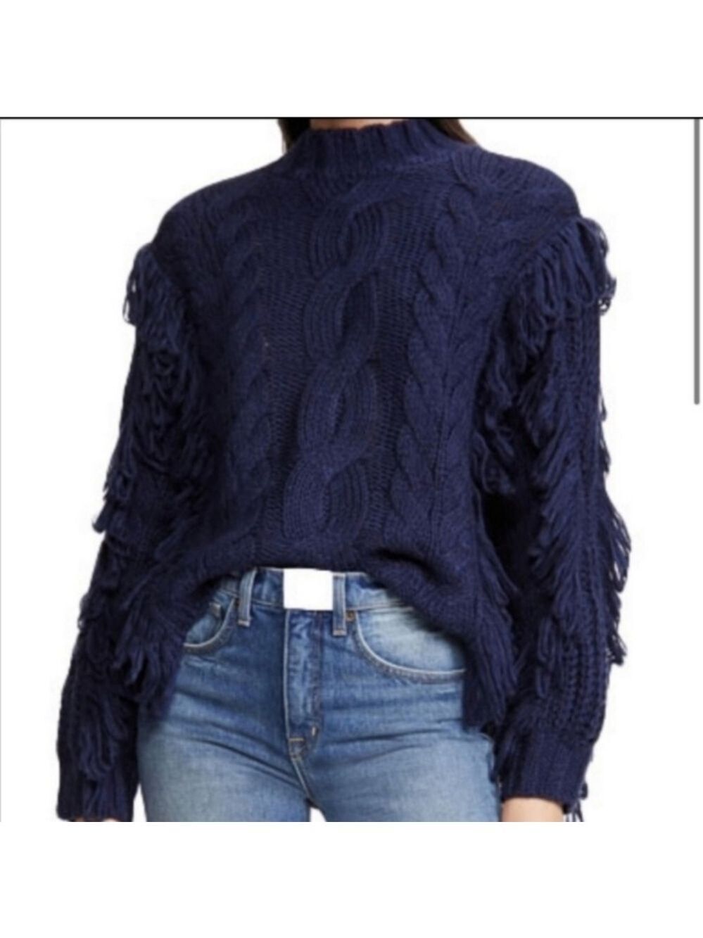 525 America Navy Fringe Cable Knit Sweater